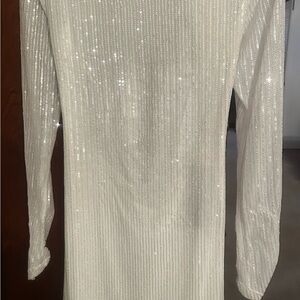 bebe Ivory Sequin Backless Long Sleeve Dress
